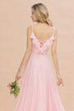 Stylish Draped V-Neck Pink Chiffon Bridesmaid Dress with Spaghetti Straps