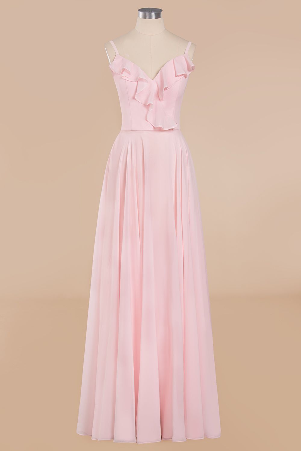 Stylish Draped V-Neck Pink Chiffon Bridesmaid Dress with Spaghetti Straps