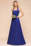 Stylish Halter Backless Royal Blue Bridesmaid Dress Affordable with Ruffle