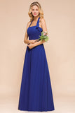 Stylish Halter Backless Royal Blue Bridesmaid Dress Affordable with Ruffle