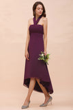 Stylish Hi-Lo Halter Grape Chiffon Affordable Bridesmaid Dresses with Ruffle