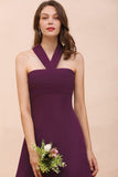 Stylish Hi-Lo Halter Grape Chiffon Affordable Bridesmaid Dresses with Ruffle