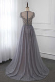 Stylish Jewel Appliques Short Sleeves Prom Dresses with Rhinestone Online