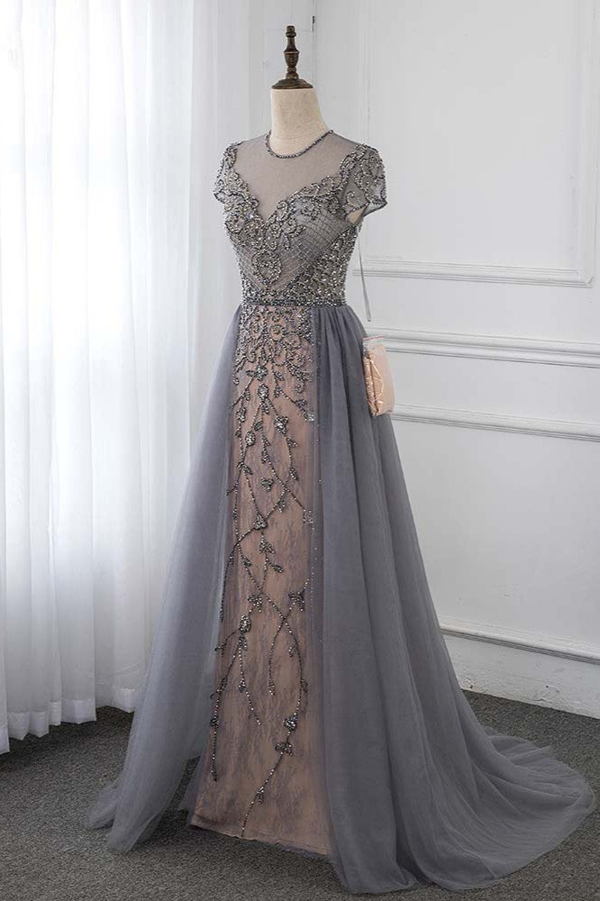 Stylish Jewel Appliques Short Sleeves Prom Dresses with Rhinestone Online