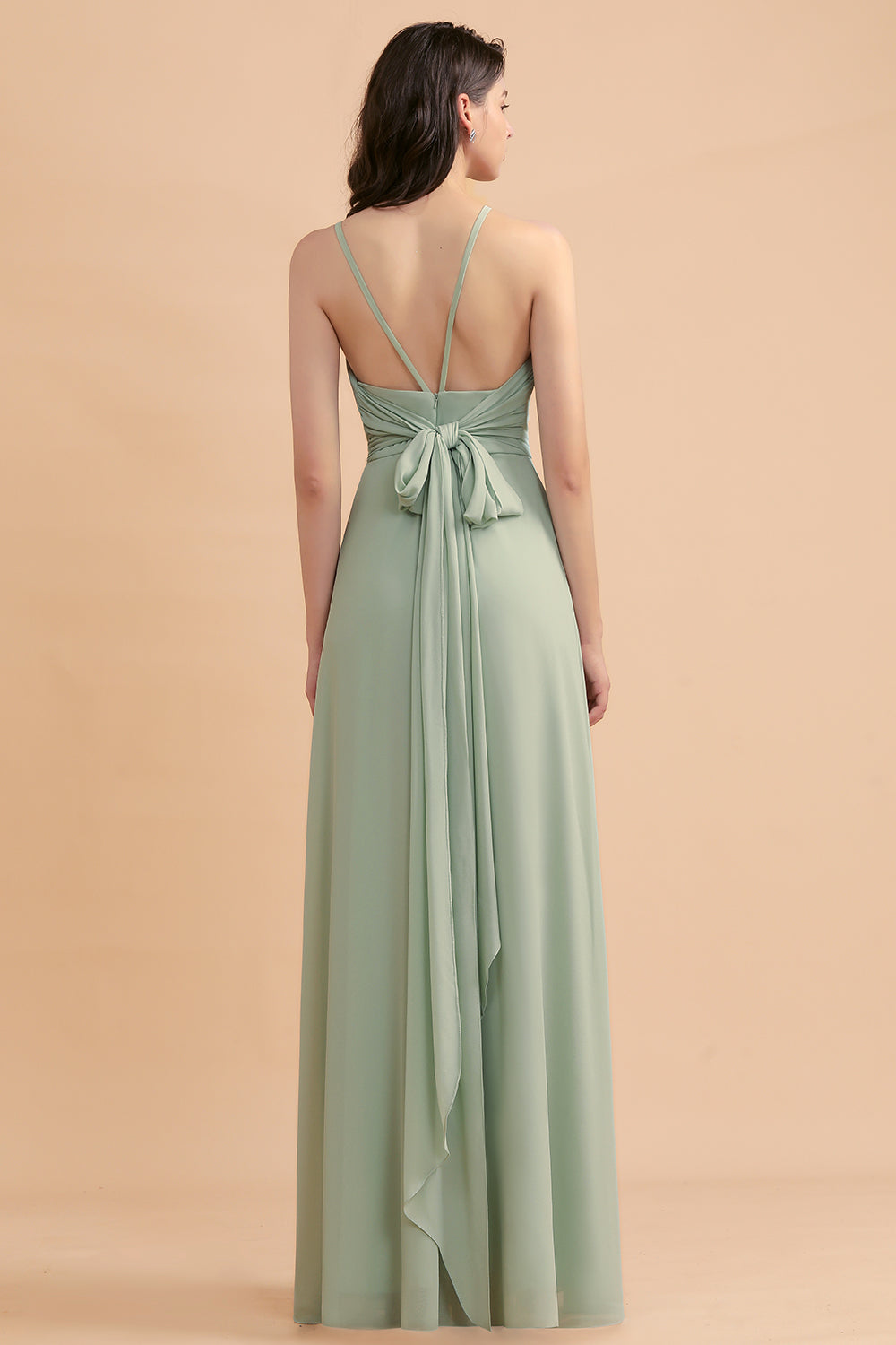 Stylish Jewel Sleeveless Dusty Sage Chiffon Bridesmaid Dress with Ruffles