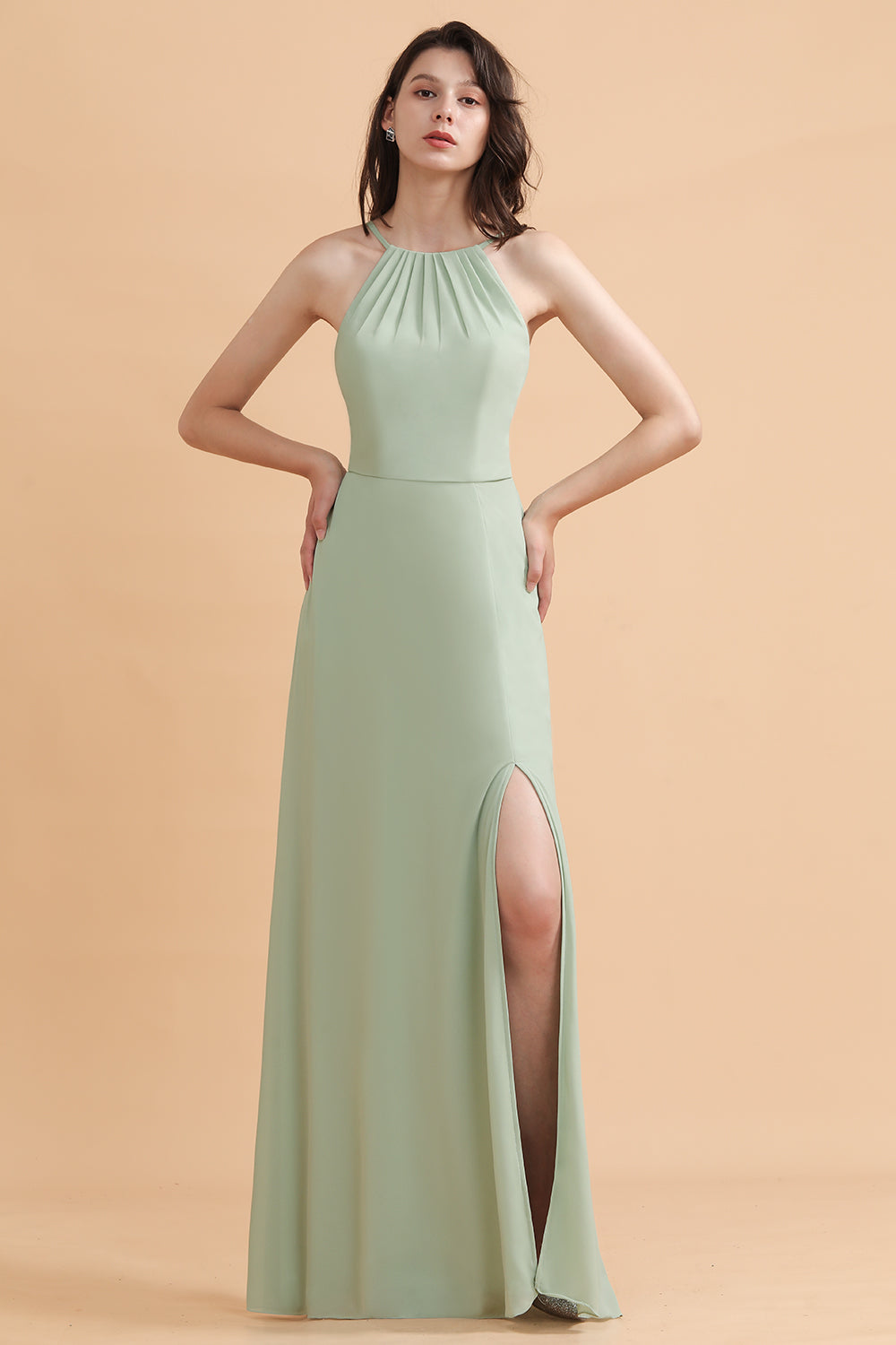 Stylish Jewel Sleeveless Dusty Sage Chiffon Bridesmaid Dress with Ruffles