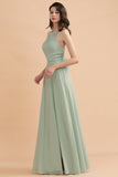 Stylish Jewel Sleeveless Dusty Sage Chiffon Bridesmaid Dress with Ruffles