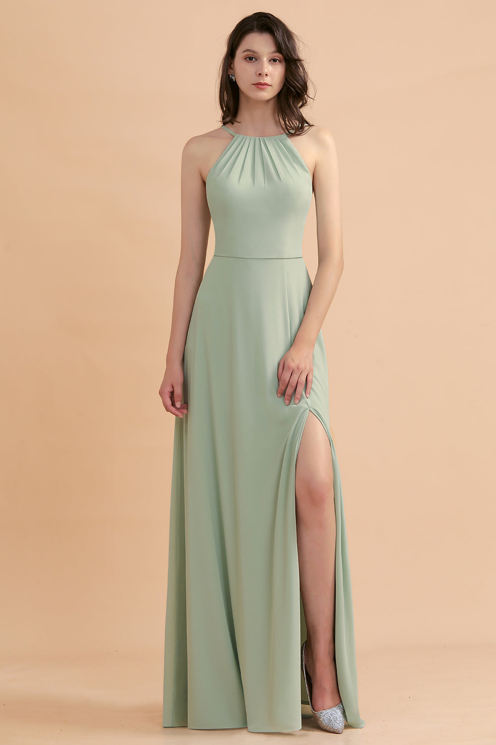 Stylish Jewel Sleeveless Dusty Sage Chiffon Bridesmaid Dress with Ruffles