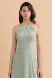 Stylish Jewel Sleeveless Dusty Sage Chiffon Bridesmaid Dress with Ruffles
