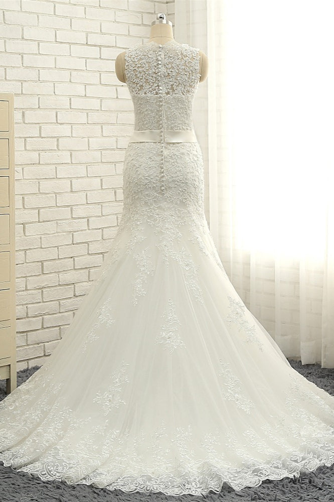 Stylish Jewel Sleeveless Mermaid Wedding Dresses White Lace Bridal Gowns With Appliques On Sale