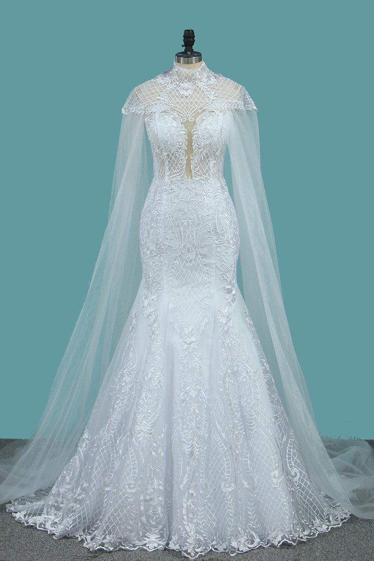 stylish Jewel Sleeveless White Tulle Wedding Dress Mermaid Appliques Bridal Gowns with Wraps Online