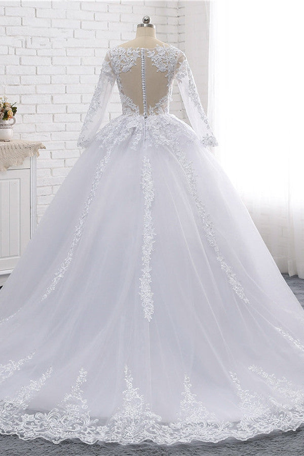 Stylish Long Sleeves Tulle Lace Wedding Dress Ball Gown V-Neck Sequins Appliques Bridal Gowns On Sale