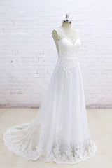 Stylish Sleeveless Straps V-neck Wedding Dresses White A-line Tulle Bridal Gowns With Appliques On Sale