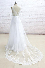 Stylish Sleeveless Straps V-neck Wedding Dresses White A-line Tulle Bridal Gowns With Appliques On Sale