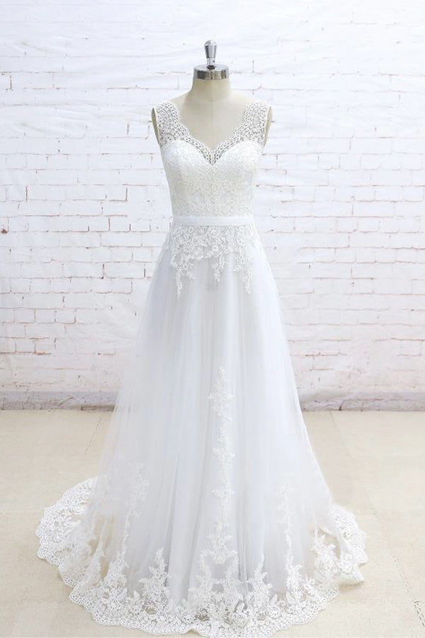 Stylish Sleeveless Straps V-neck Wedding Dresses White A-line Tulle Bridal Gowns With Appliques On Sale