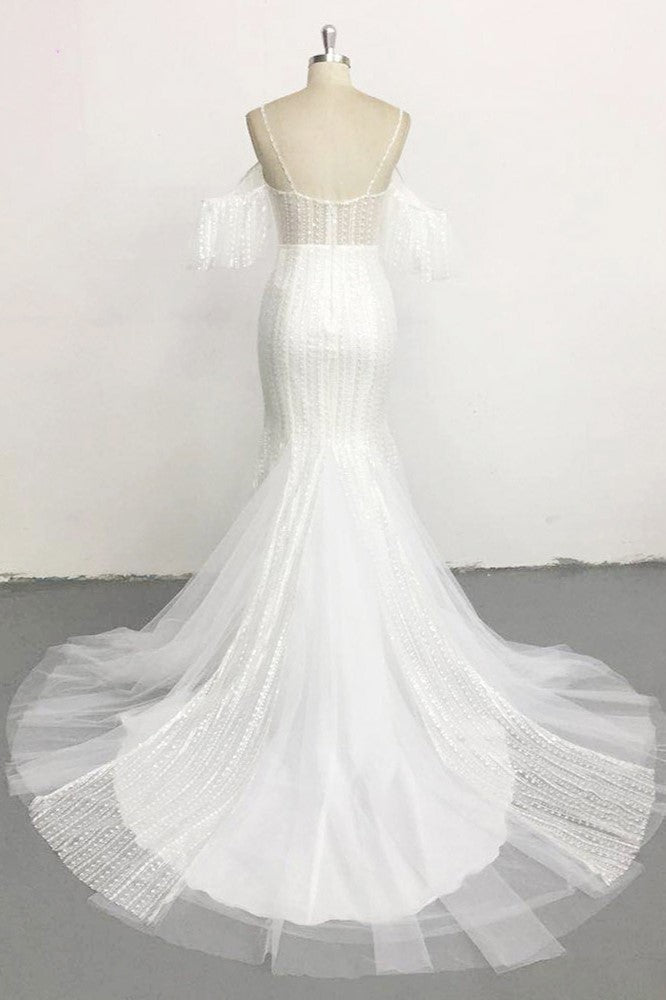 Stylish Sleeveless V-Neck Ivory Wedding Dresses Spaghetti Straps Pearls Bridal Gowns On Sale