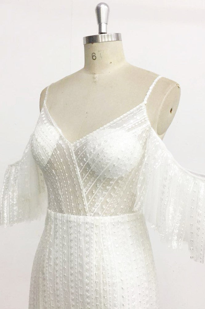 Stylish Sleeveless V-Neck Ivory Wedding Dresses Spaghetti Straps Pearls Bridal Gowns On Sale