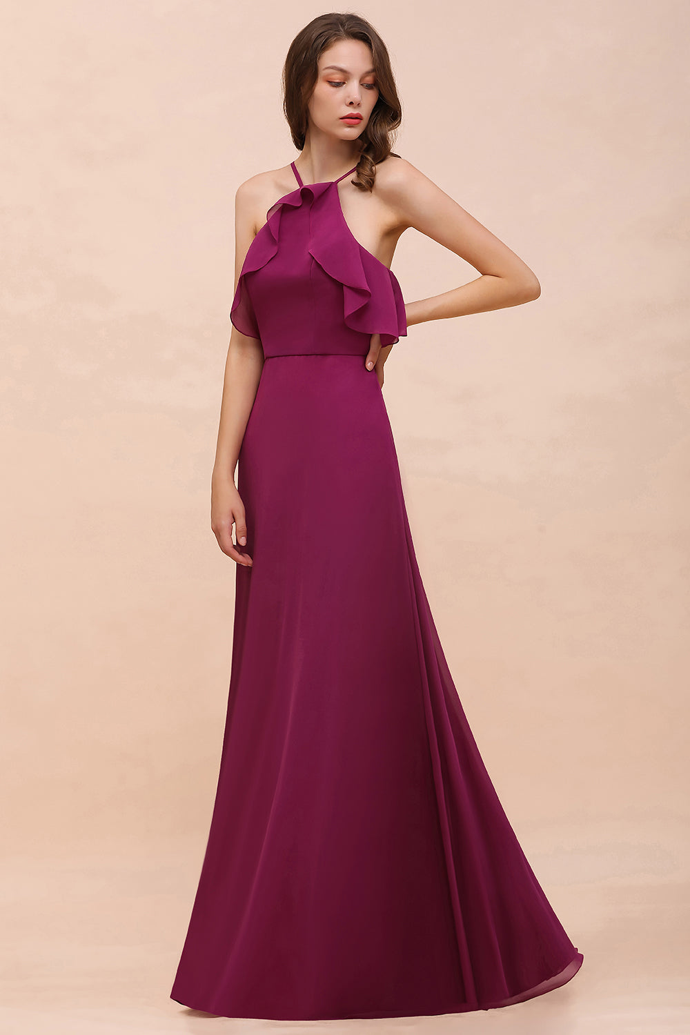 Stylish Spaghetti Straps Mulberry Chiffon Bridesmaid Dress with Ruffles
