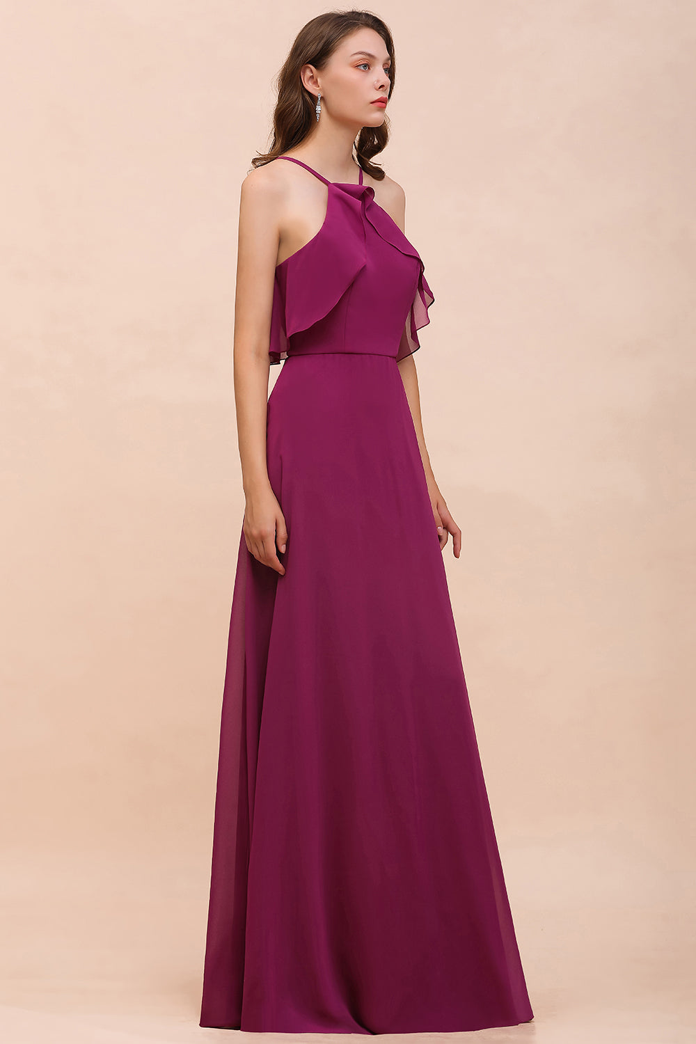 Stylish Spaghetti Straps Mulberry Chiffon Bridesmaid Dress with Ruffles