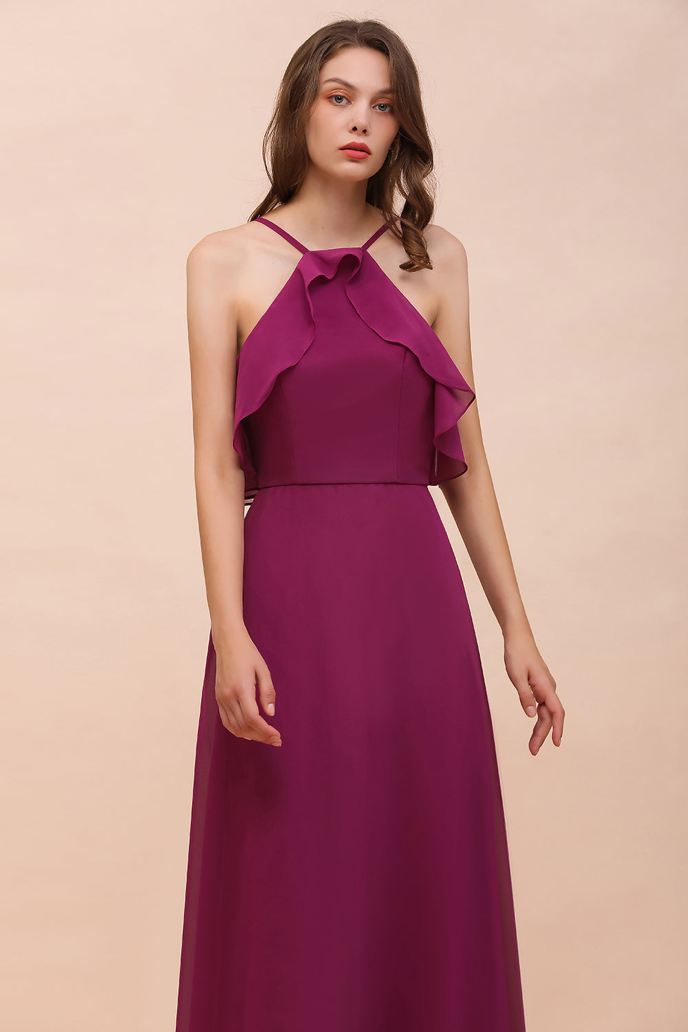 Stylish Spaghetti Straps Mulberry Chiffon Bridesmaid Dress with Ruffles