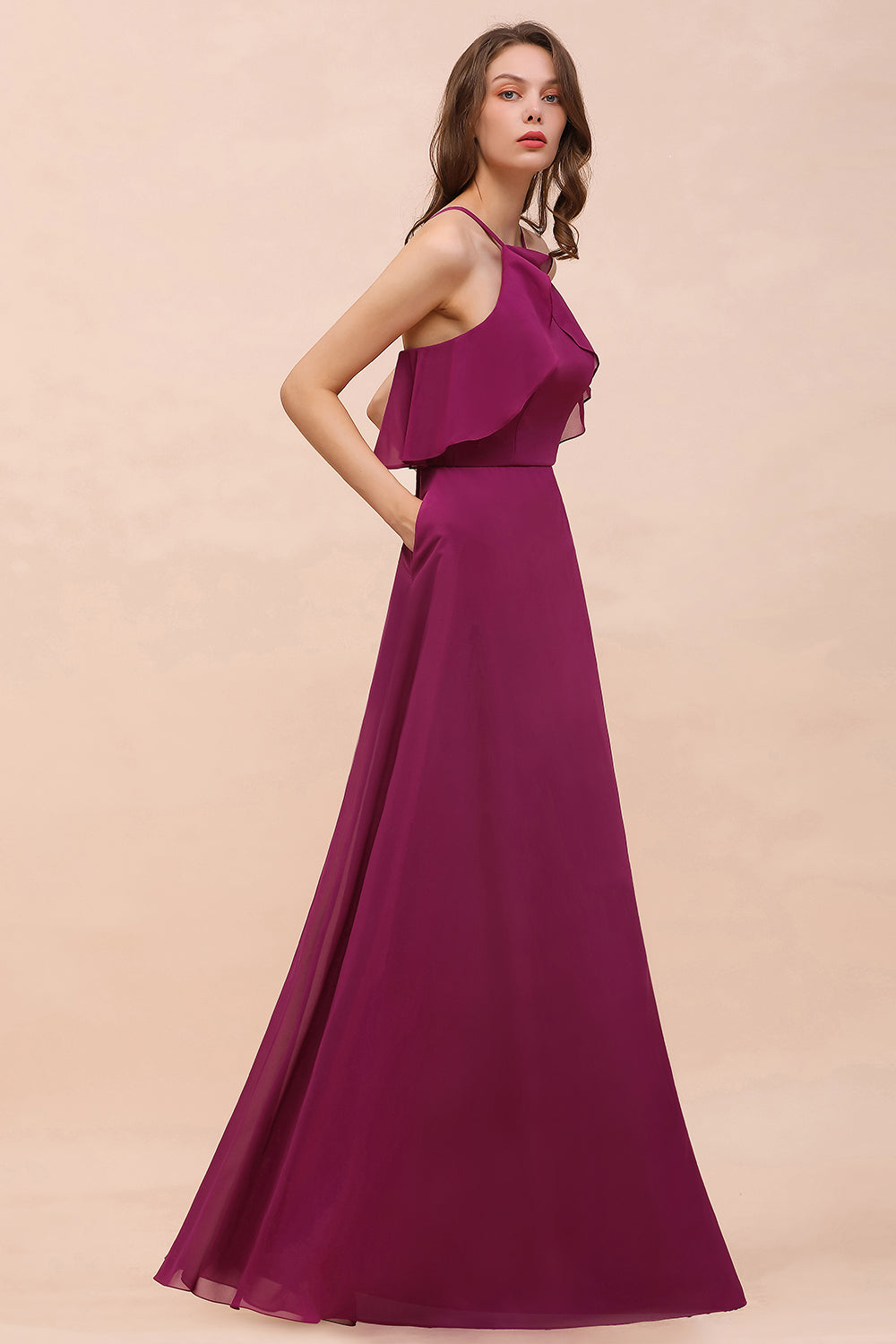 Stylish Spaghetti Straps Mulberry Chiffon Bridesmaid Dress with Ruffles