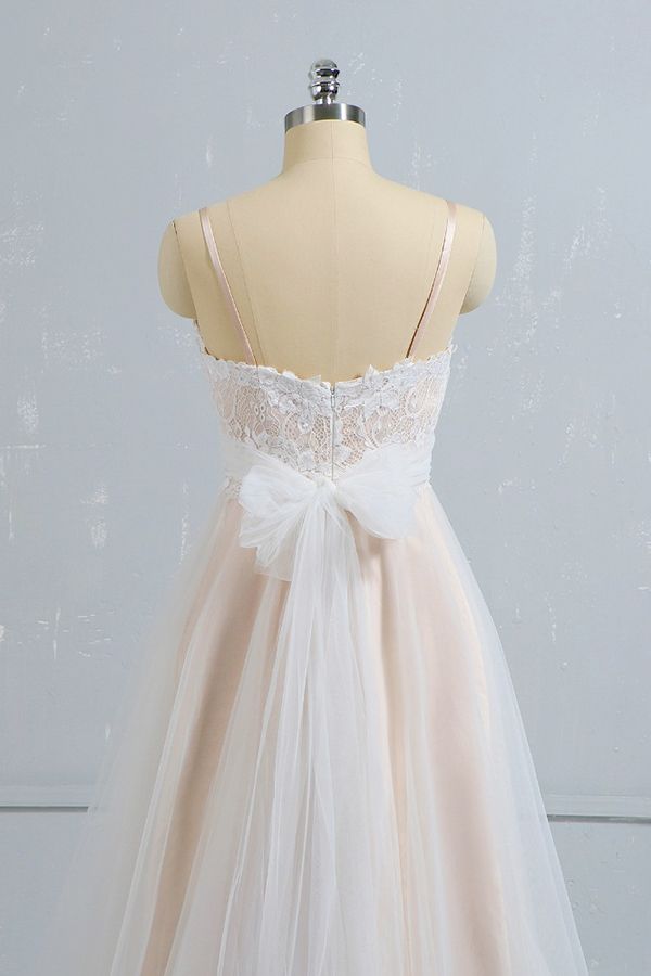Stylish Spaghetti Straps Sleeveless Lace Wedding Dresses Champgne A-line Ruffles Bridal Gowns On Sale