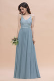 Stylish Straps V-Neck Chiffon Lace Dusty Blue Bridesmaid Dress On Sale