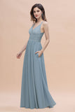 Stylish Straps V-Neck Chiffon Lace Dusty Blue Bridesmaid Dress On Sale