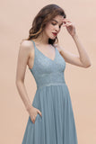 Stylish Straps V-Neck Chiffon Lace Dusty Blue Bridesmaid Dress On Sale