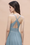 Stylish Straps V-Neck Chiffon Lace Dusty Blue Bridesmaid Dress On Sale
