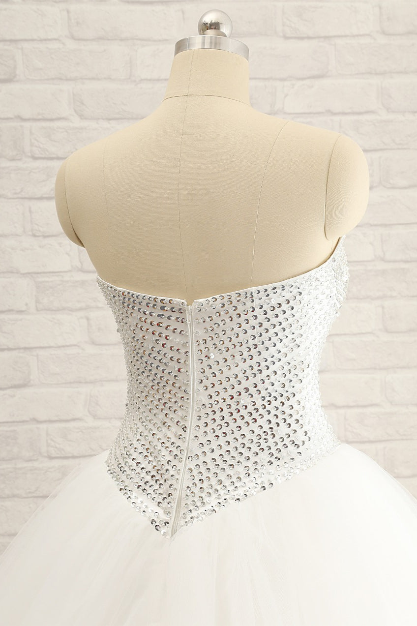 Stylish Sweatheart White Sequins Wedding Dresses A line Tulle Bridal Gowns On Sale