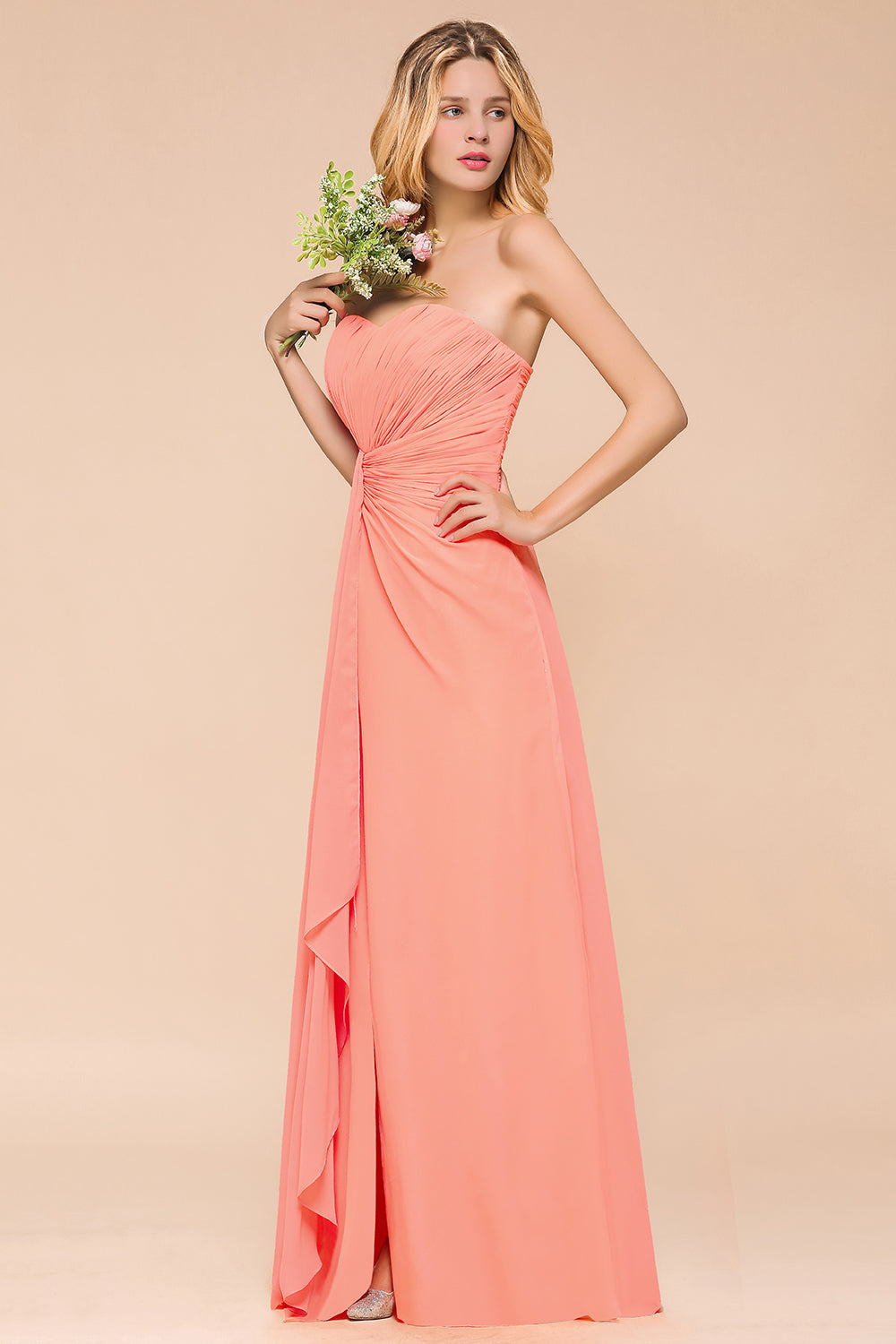 Stylish Sweetheart Ruffle Affordable Coral Chiffon Bridesmaid Dresses Online