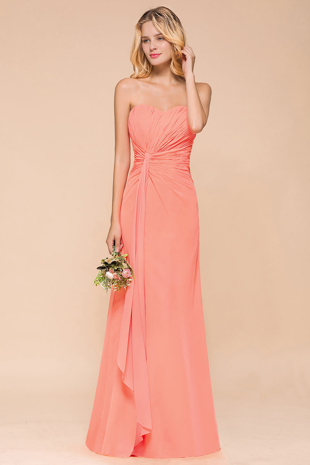 Stylish Sweetheart Ruffle Affordable Coral Chiffon Bridesmaid Dresses Online