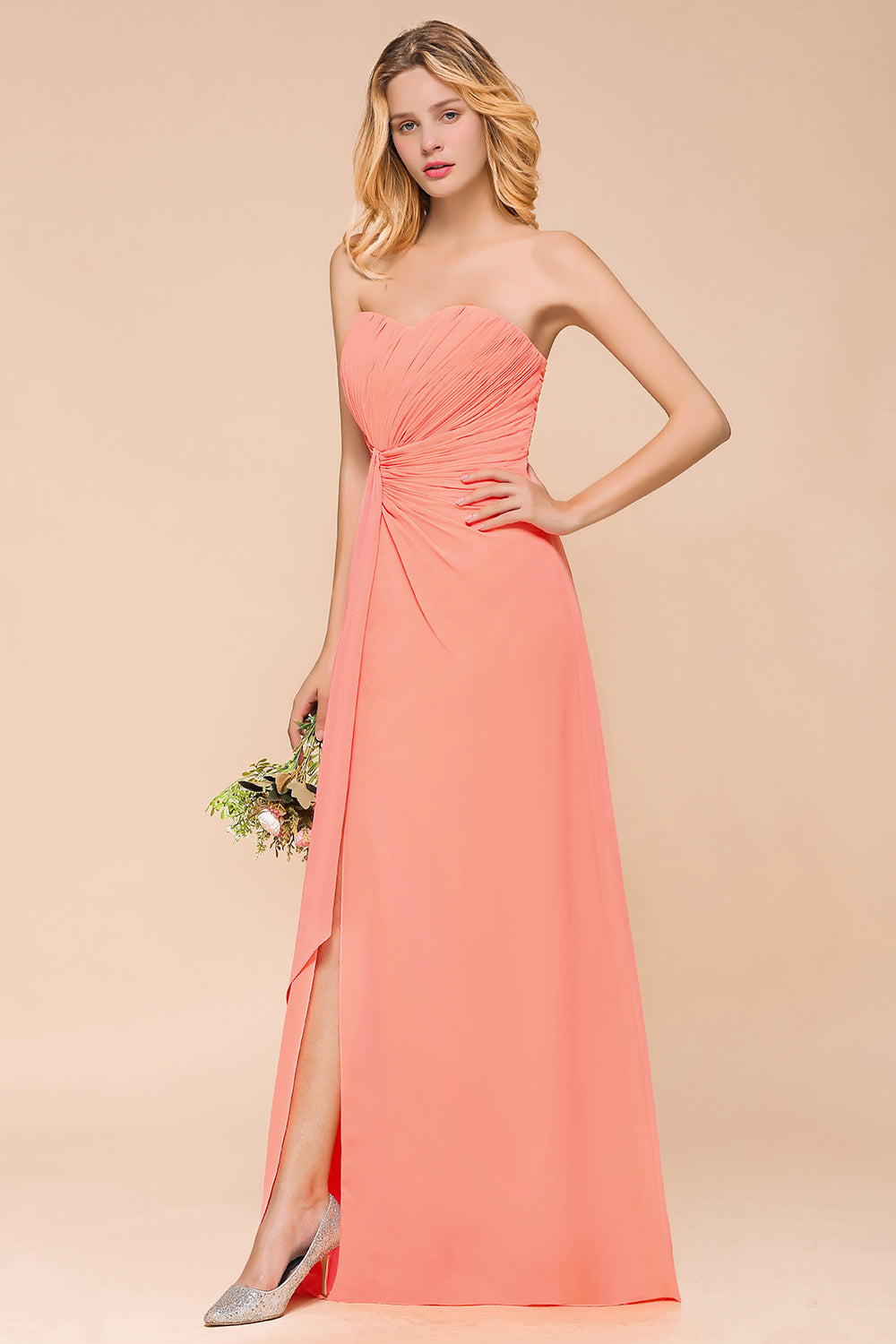 Stylish Sweetheart Ruffle Affordable Coral Chiffon Bridesmaid Dresses Online