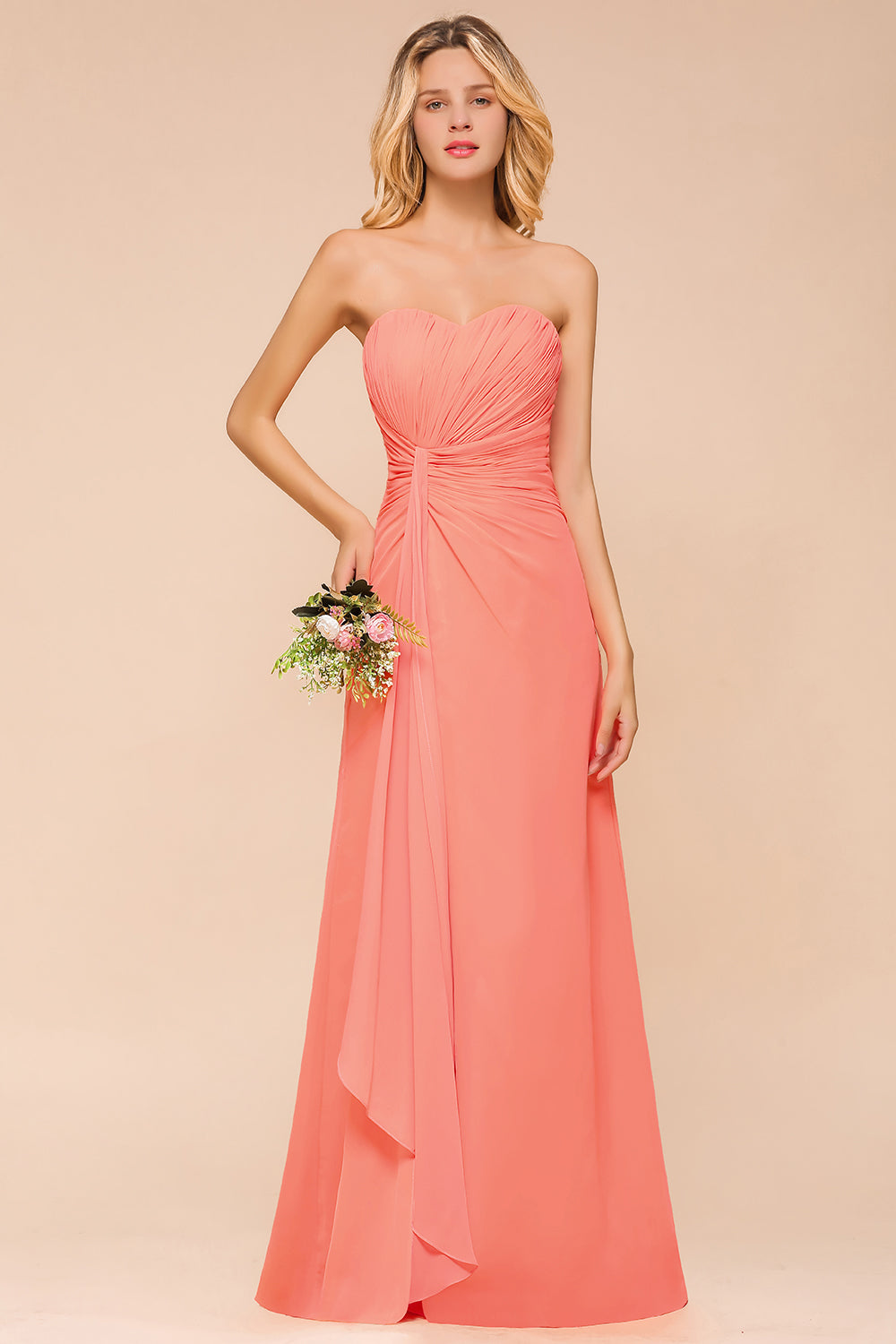 Stylish Sweetheart Ruffle Affordable Coral Chiffon Bridesmaid Dresses Online