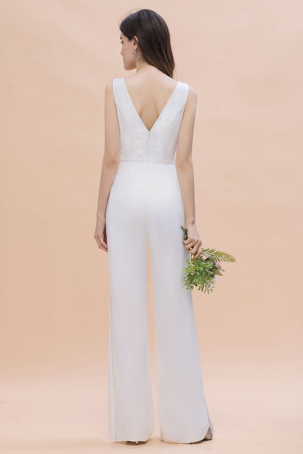 Stylish V-neck Sleeveless White Lace Bridesmaid Jumpsuit Online