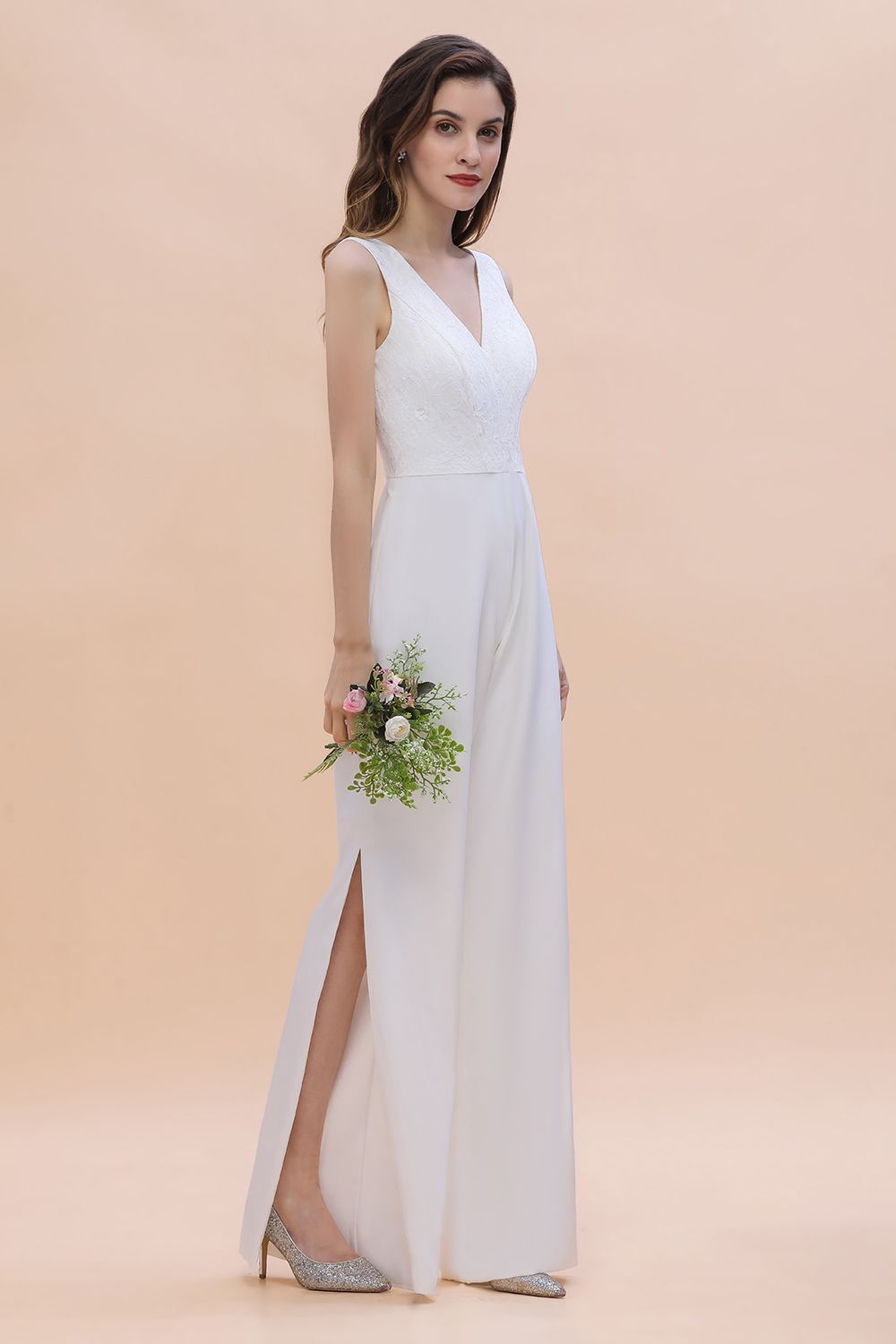 Stylish V-neck Sleeveless White Lace Bridesmaid Jumpsuit Online