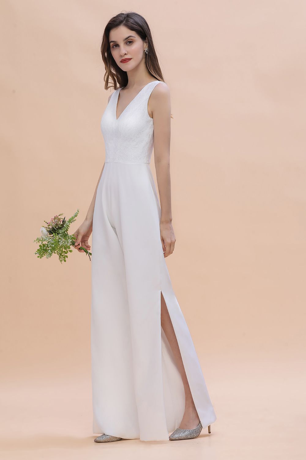 Stylish V-neck Sleeveless White Lace Bridesmaid Jumpsuit Online