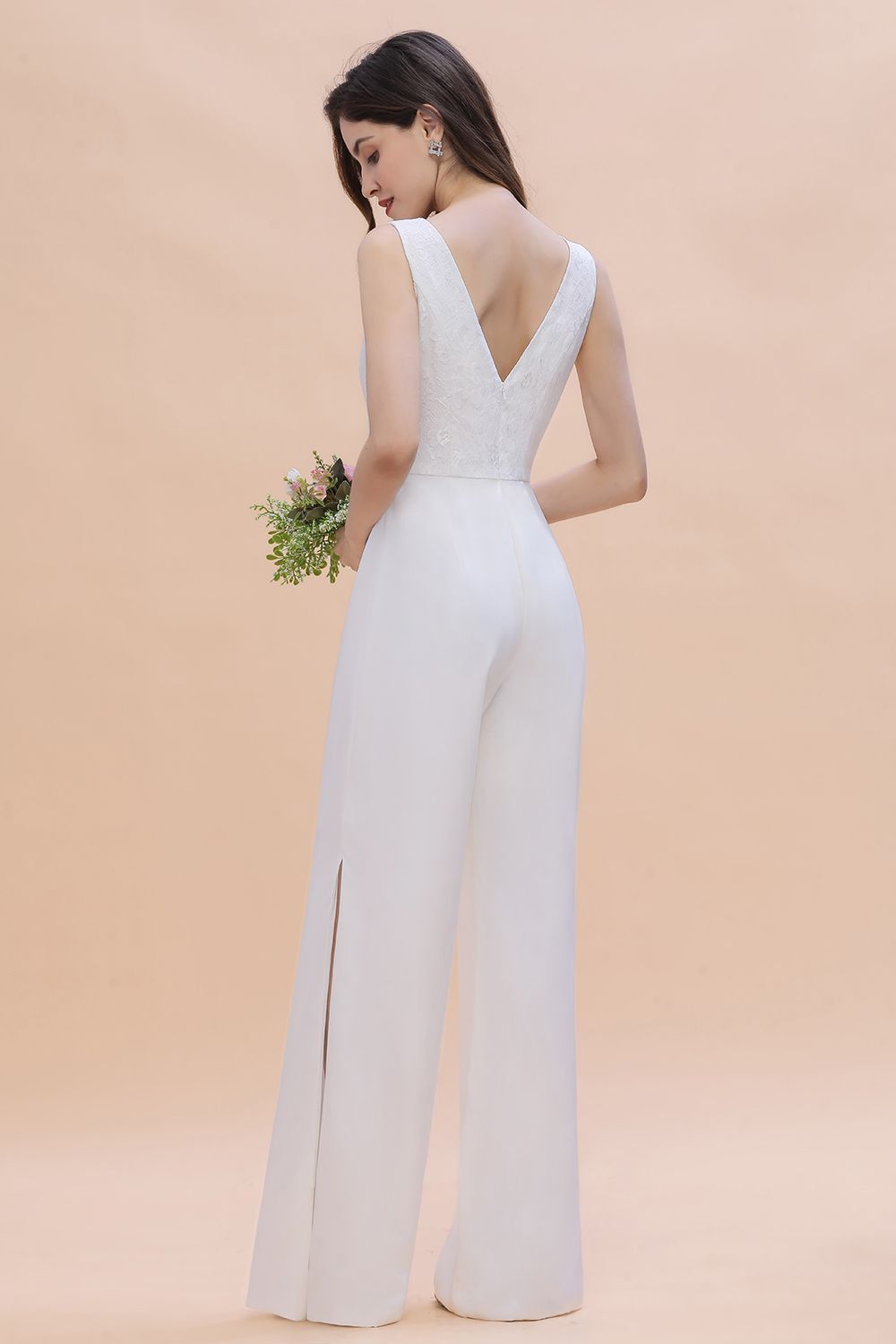 Stylish V-neck Sleeveless White Lace Bridesmaid Jumpsuit Online