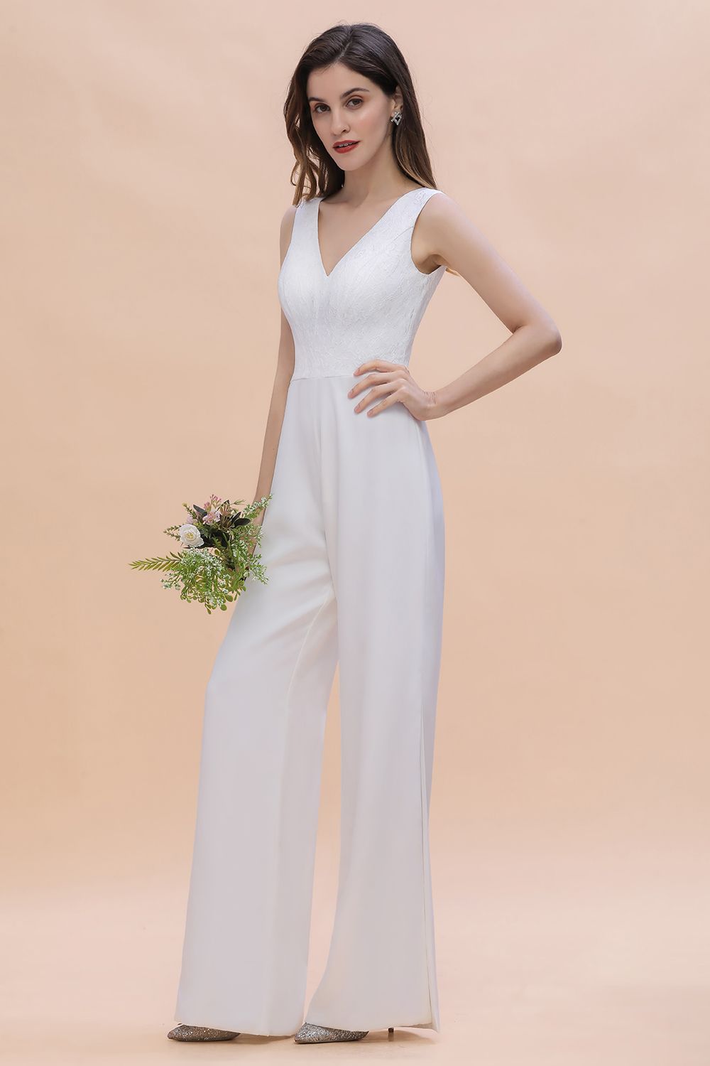 Stylish V-neck Sleeveless White Lace Bridesmaid Jumpsuit Online