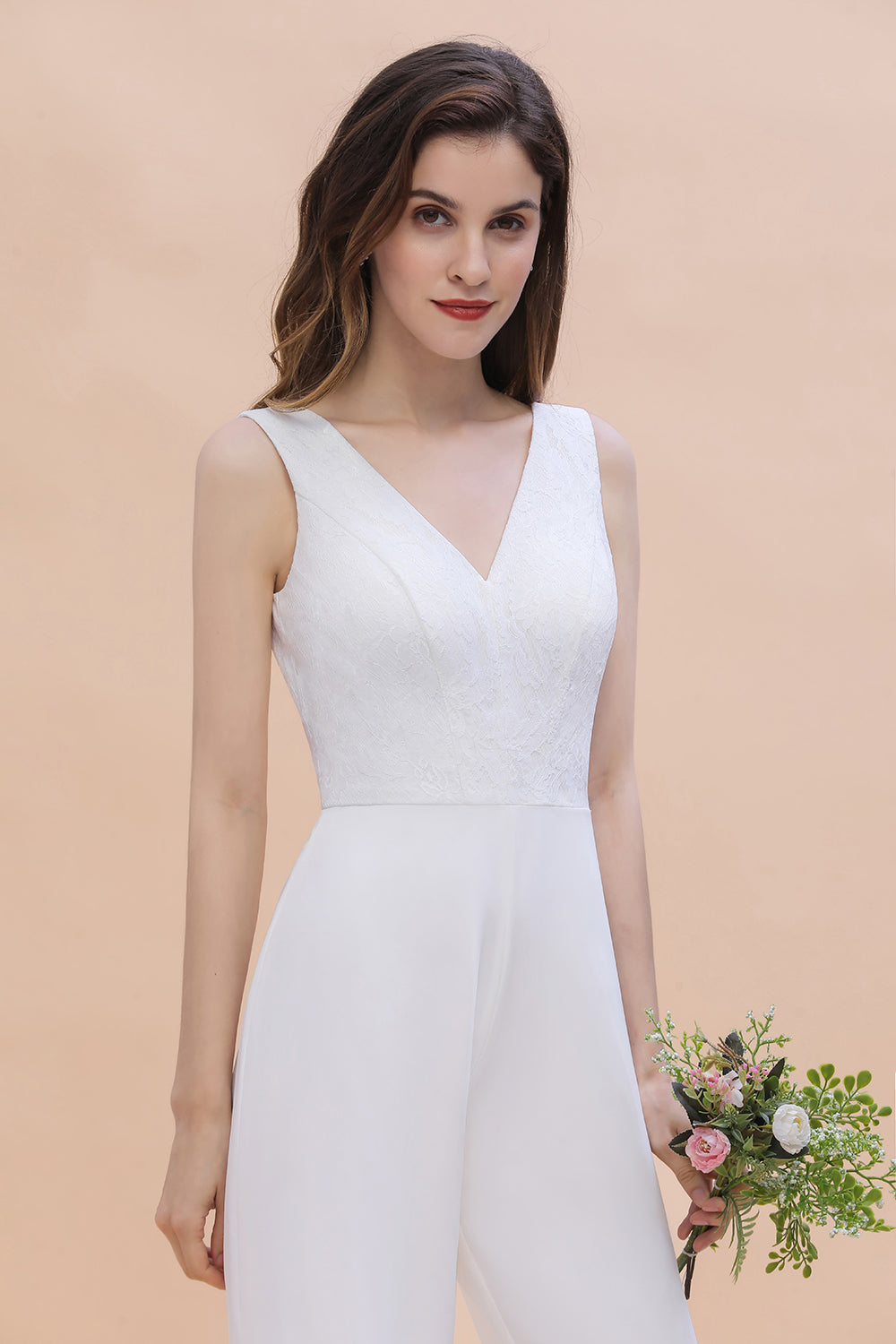 Stylish V-neck Sleeveless White Lace Bridesmaid Jumpsuit Online