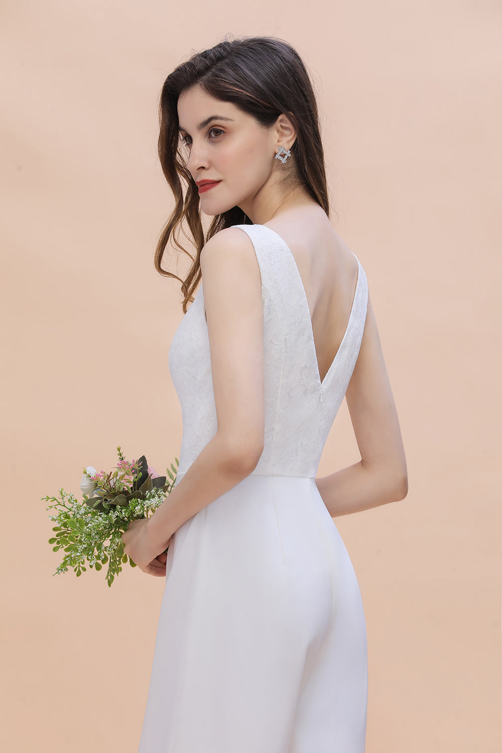 Stylish V-neck Sleeveless White Lace Bridesmaid Jumpsuit Online