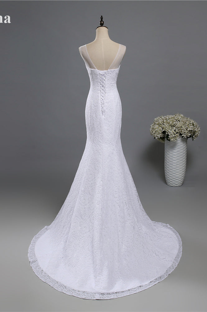 Stylish V-Neck White Lace Mermaid Wedding Dress Appliques Sleeveless Sequins Bridal Gowns