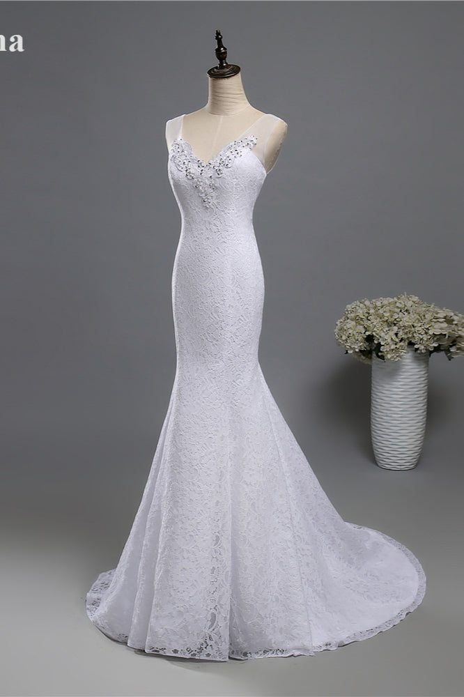 Stylish V-Neck White Lace Mermaid Wedding Dress Appliques Sleeveless Sequins Bridal Gowns