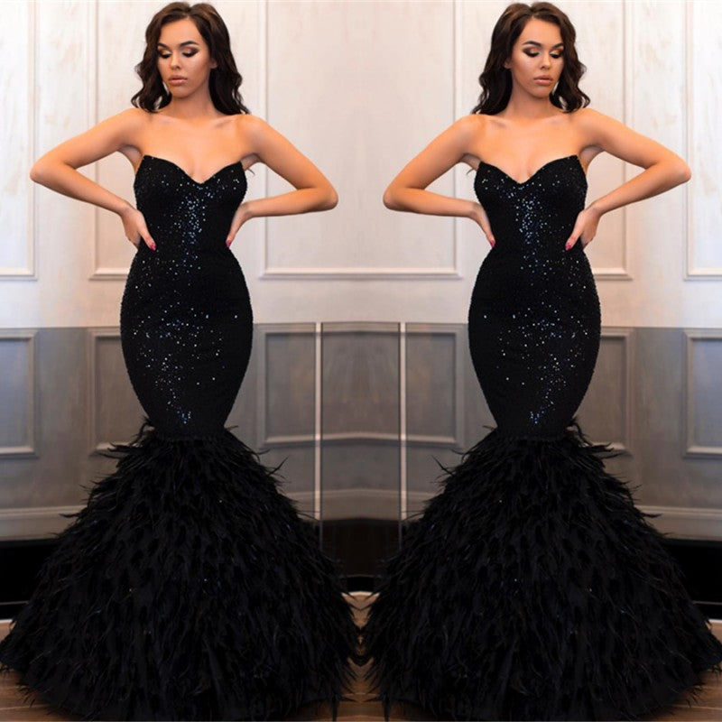 Sweetehart Sequins Black Prom Dress Mermaid With Feather