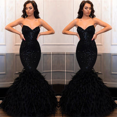 Sweetehart Sequins Black Prom Dress Mermaid With Feather