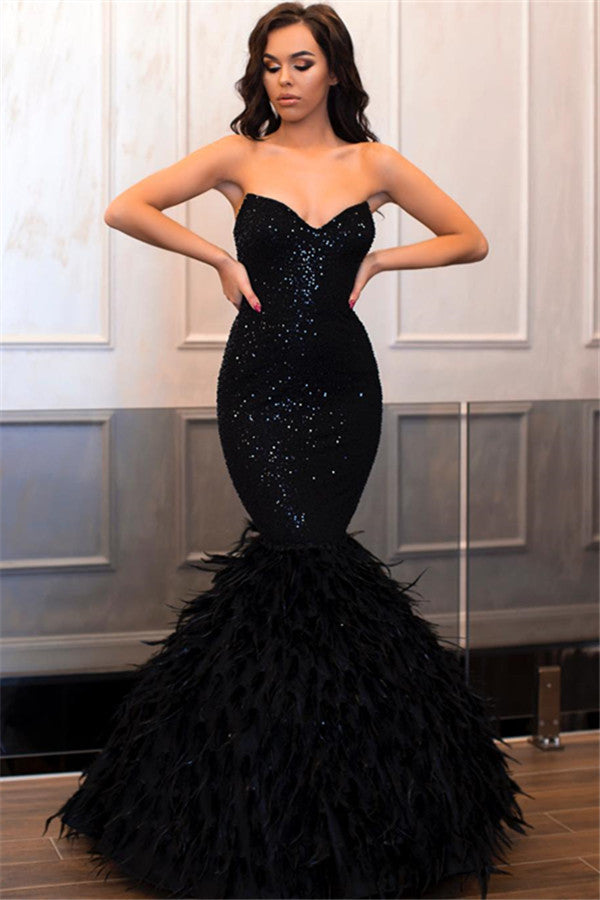 Sweetehart Sequins Black Prom Dress Mermaid With Feather Newinlook Sweetehart Sequins Black Prom Dress Mermaid With Feather Newinlook