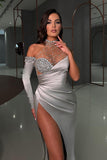 Sweetheart One Shoulder Prom Dress Long Sleeves Slit
