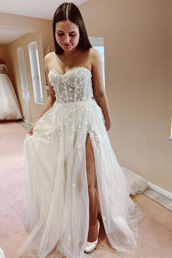 Sweetheart Pearls Wedding Dress Tulle Long On Sale