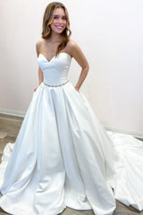 Sweetheart White Wedding Dress Satin Princess With Pockets